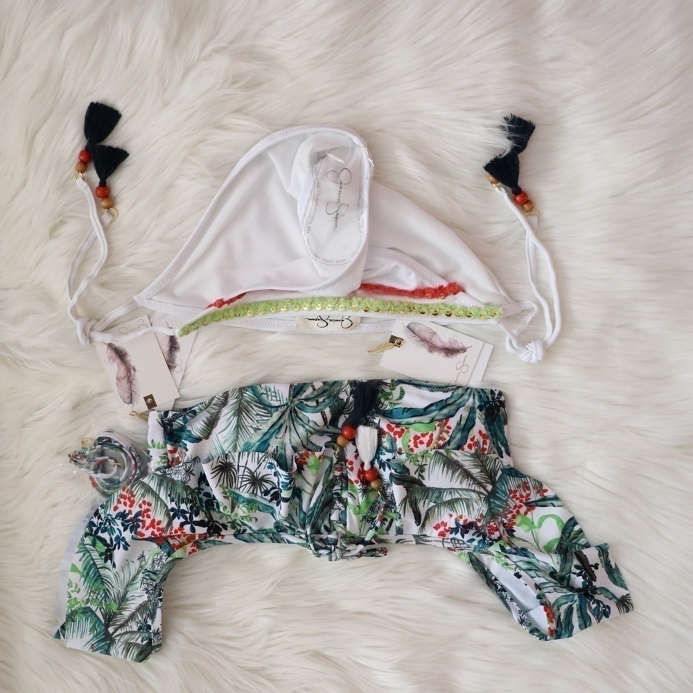 NWT Jessica Simpson White Green Tropical Print Bikini Swim Set Size XL - Picture 4 of 12